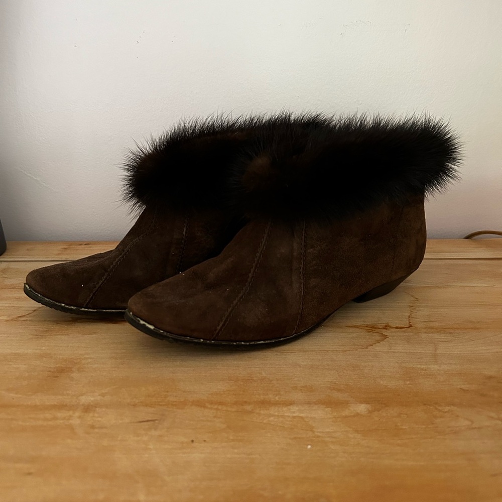 Super fun fur trimmed suede mules chocolate brown